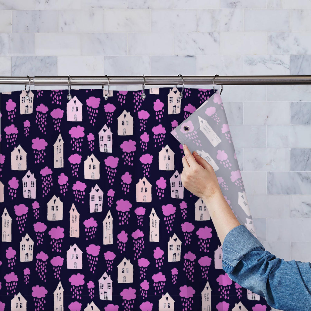 Houses and Clouds with Falling Raindrops D2 Washable Waterproof Shower Curtain-Shower Curtains-CUR_SH_EL-IC 5016799 IC 5016799, Animated Cartoons, Architecture, Art and Paintings, Baby, Books, Caricature, Cartoons, Children, Cities, City Views, Hand Drawn, Hearts, Illustrations, Kids, Landscapes, Love, Patterns, Scenic, Signs, Signs and Symbols, Urban, houses, and, clouds, with, falling, raindrops, d2, washable, waterproof, shower, curtain, art, background, blue, book, building, card, cartoon, city, cute, d