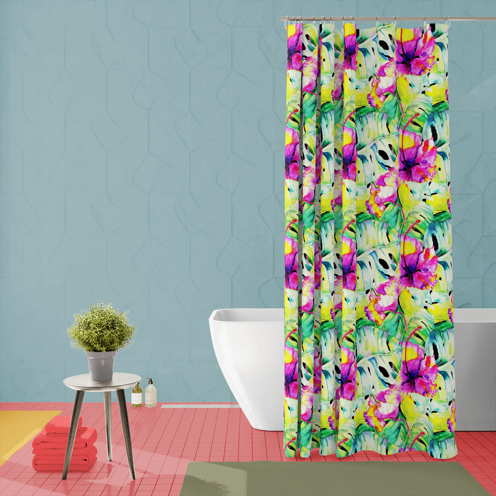 Palm and Hibiscus Plants Washable Waterproof Shower Curtain-Shower Curtains-CUR_SH_EL-IC 5016819 IC 5016819, Black and White, Botanical, Drawing, Fashion, Floral, Flowers, Hawaiian, Nature, Patterns, Scenic, Signs, Signs and Symbols, Tropical, Watercolour, White, palm, and, hibiscus, plants, washable, waterproof, shower, curtain, watercolor, allover, aloha, artwork, background, banana, beach, beauty, bloom, bouquet, branch, corsage, decoration, design, exotic, flower, green, greenery, group, hawaii, jungle,