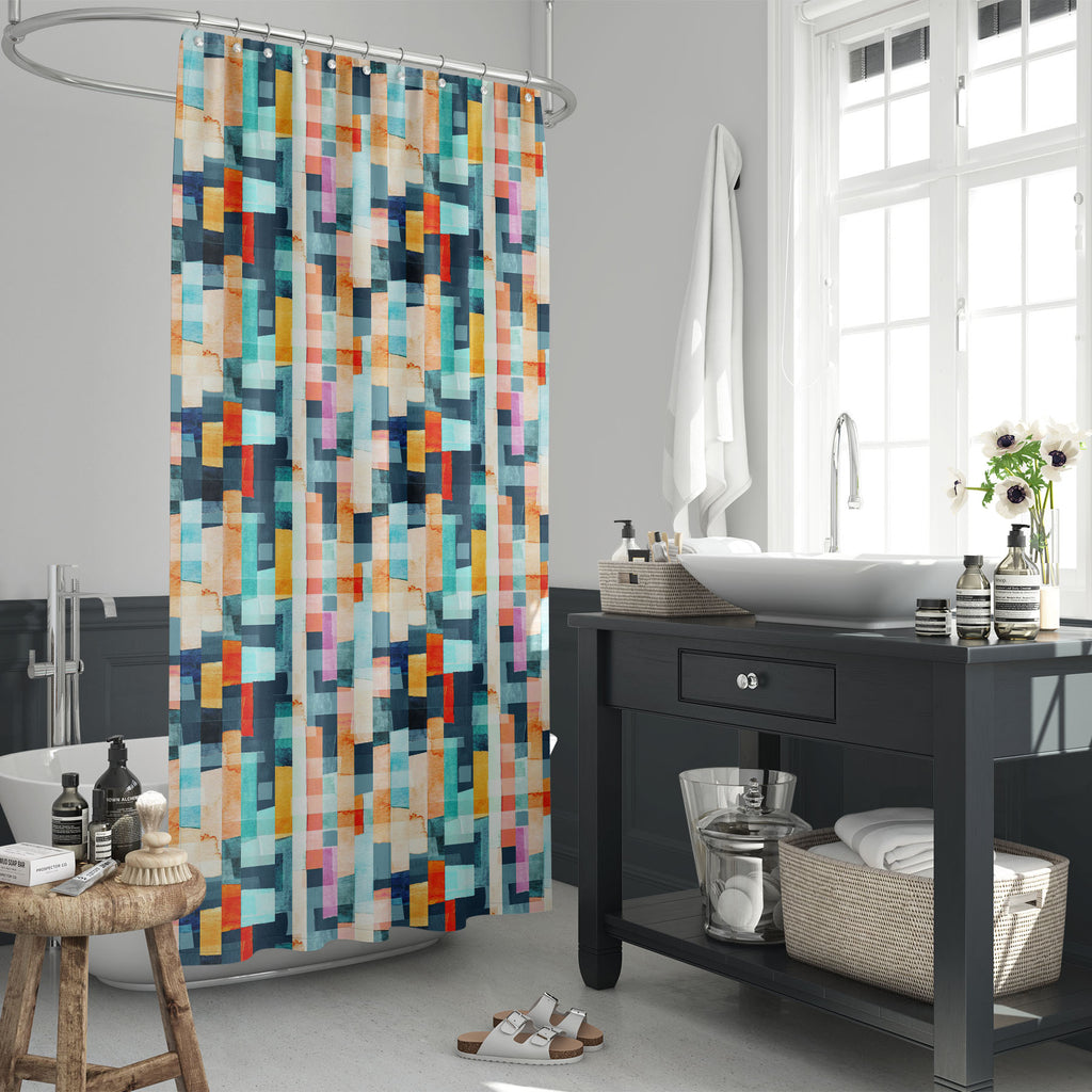 Abstract Geometric Stripes D13 Washable Waterproof Shower Curtain-Shower Curtains-CUR_SH_EL-IC 5016931 IC 5016931, Abstract Expressionism, Abstracts, Art and Paintings, Culture, Digital, Digital Art, Drawing, Ethnic, Fashion, Geometric, Geometric Abstraction, Graphic, Illustrations, Modern Art, Patterns, Semi Abstract, Signs, Signs and Symbols, Stripes, Traditional, Tribal, Watercolour, World Culture, abstract, d13, washable, waterproof, shower, curtain, watercolor, pattern, teal, color, art, geo, paint, ba