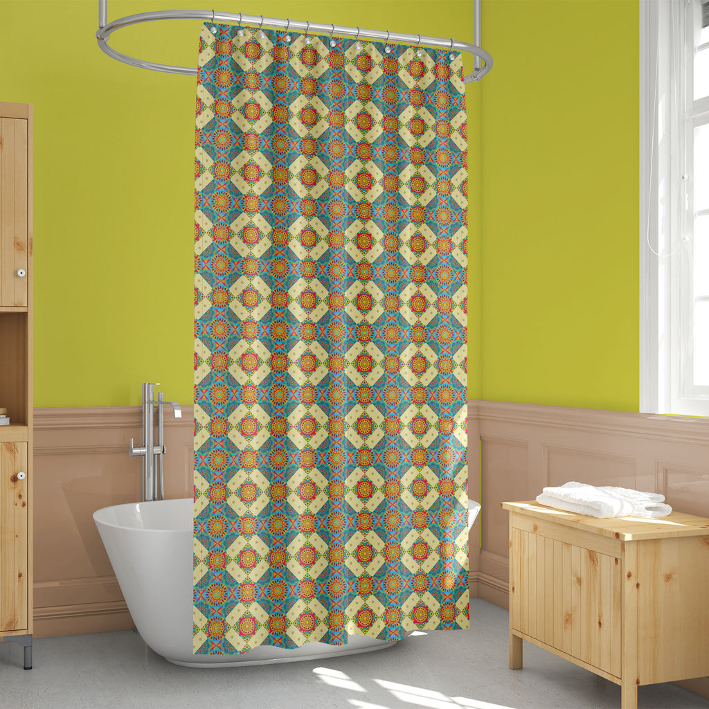 Ethnic Blue Beige Yellow Washable Waterproof Shower Curtain-Shower Curtains-CUR_SH_EL-IC 5016937 IC 5016937, Abstract Expressionism, Abstracts, Ancient, Art and Paintings, Decorative, Digital, Digital Art, Fashion, Geometric, Geometric Abstraction, Graphic, Historical, Illustrations, Medieval, Modern Art, Patterns, Retro, Semi Abstract, Signs, Signs and Symbols, Victorian, Vintage, ethnic, blue, beige, yellow, washable, waterproof, shower, curtain, abstract, argyle, art, backdrop, background, beautiful, dec