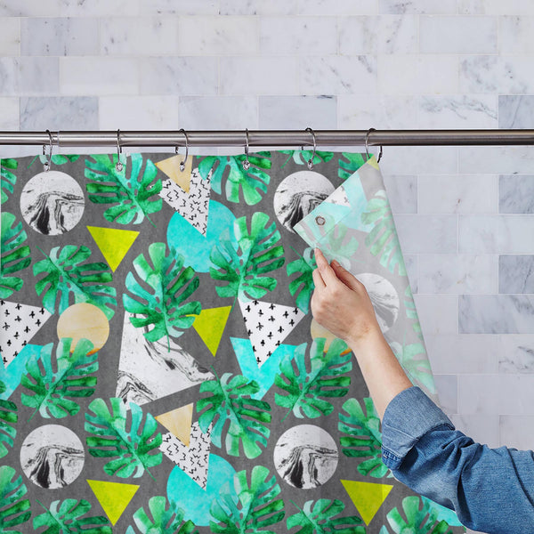 Watercolor Monstera Leaves & Triangles Washable Waterproof Shower Curtain-Shower Curtains-CUR_SH_EL-IC 5016951 IC 5016951, 80s, 90s, Abstract Expressionism, Abstracts, Ancient, Art and Paintings, Automobiles, Bling, Botanical, Circle, Cross, Digital, Digital Art, Dots, Floral, Flowers, Geometric, Geometric Abstraction, Graphic, Historical, Illustrations, Marble, Marble and Stone, Medieval, Nature, Patterns, Pop Art, Retro, Semi Abstract, Signs, Signs and Symbols, Transportation, Travel, Triangles, Tropical,