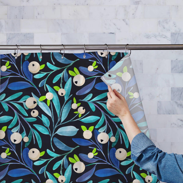 Blue Botanical Leaves Washable Waterproof Shower Curtain-Shower Curtains-CUR_SH_EL-IC 5016970 IC 5016970, Ancient, Art and Paintings, Botanical, Floral, Flowers, Gouache, Historical, Illustrations, Medieval, Nature, Patterns, Scenic, Seasons, Signs, Signs and Symbols, Vintage, Watercolour, blue, leaves, washable, waterproof, polyester, shower, curtain, eyelets, pattern, illustration, flower, summer, texture, art, backdrop, background, beige, berry, decoration, design, garden, leaf, paint, paper, plant, prin