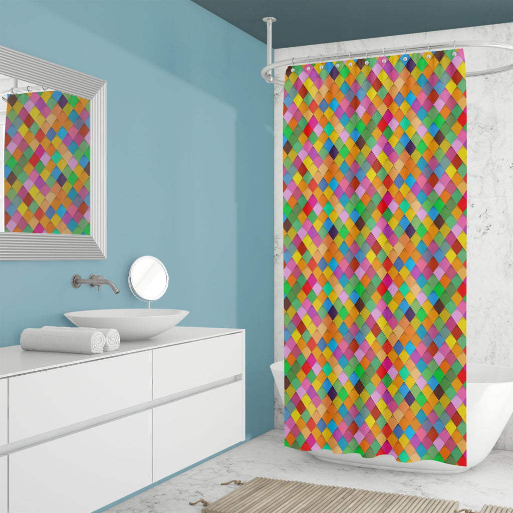 Harlequin Buffoon Rhombuses Washable Waterproof Shower Curtain-Shower Curtains-CUR_SH_EL-IC 5016991 IC 5016991, Abstract Expressionism, Abstracts, Ancient, Art and Paintings, Decorative, Diamond, Fashion, Geometric, Geometric Abstraction, Historical, Holidays, Illustrations, Italian, Medieval, Modern Art, Patterns, Retro, Semi Abstract, Signs, Signs and Symbols, Vintage, harlequin, buffoon, rhombuses, washable, waterproof, shower, curtain, abstract, art, backdrop, background, blue, carnival, celebratory, ci