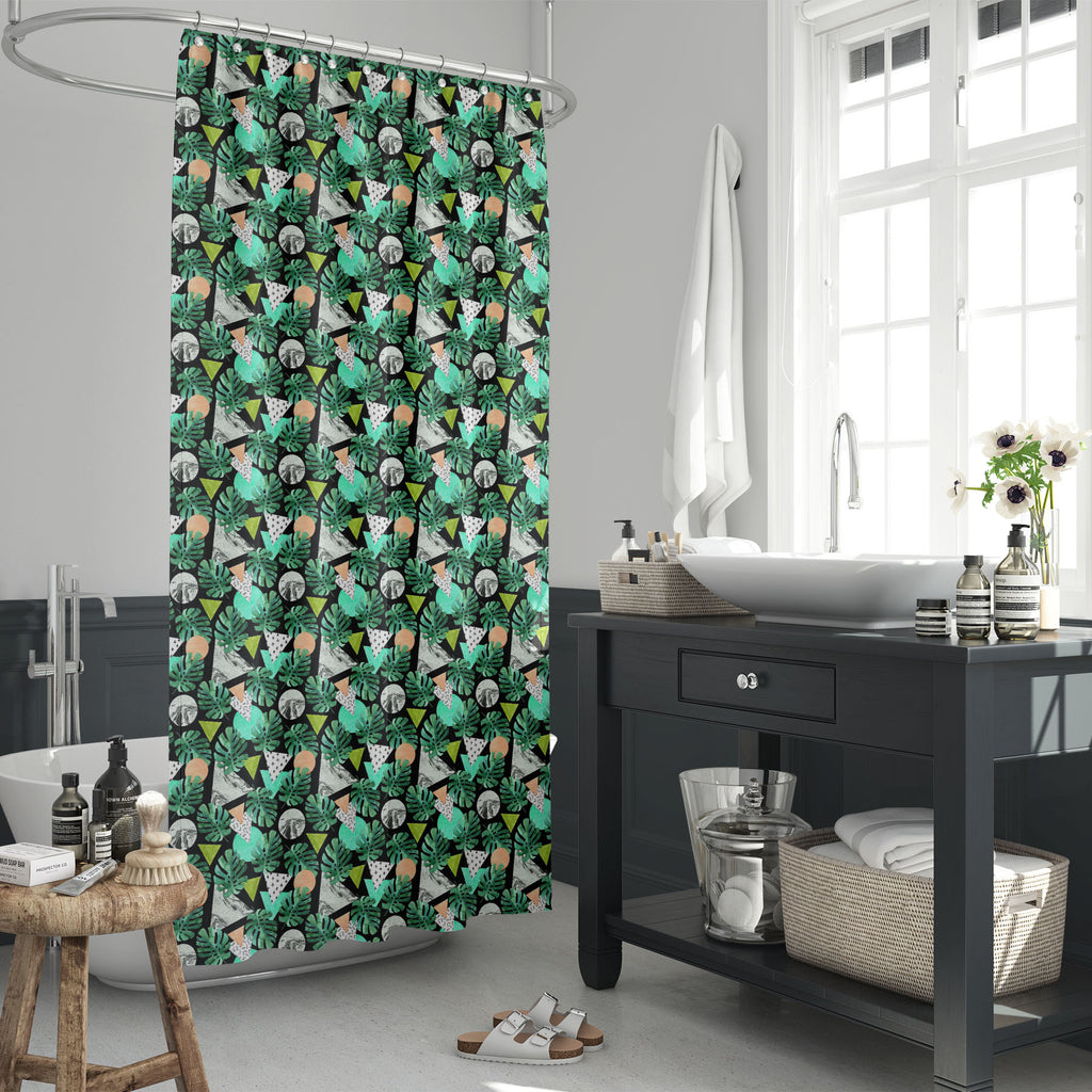 Monstera Leaves & Triangles Washable Waterproof Shower Curtain-Shower Curtains-CUR_SH_EL-IC 5016997 IC 5016997, 80s, 90s, Abstract Expressionism, Abstracts, Ancient, Art and Paintings, Automobiles, Bling, Botanical, Circle, Cross, Digital, Digital Art, Dots, Floral, Flowers, Geometric, Geometric Abstraction, Graphic, Historical, Illustrations, Marble, Marble and Stone, Medieval, Nature, Patterns, Pop Art, Retro, Semi Abstract, Signs, Signs and Symbols, Transportation, Travel, Triangles, Tropical, Vehicles, 