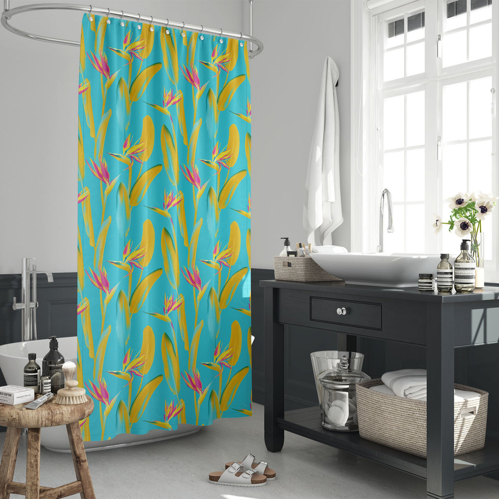 Pink Cyan Tropical Flower Washable Waterproof Shower Curtain-Shower Curtains-CUR_SH_EL-IC 5017010 IC 5017010, African, Birds, Botanical, Floral, Flowers, Illustrations, Nature, Patterns, Scenic, Signs, Signs and Symbols, Tropical, pink, cyan, flower, washable, waterproof, shower, curtain, bird, paradise, background, of, bloom, blooming, blossom, botanic, bright, color, colorful, crane, decoration, design, detailed, exotic, fabric, flora, garden, growing, plants, illustration, jungle, leaves, leaf, natural, 