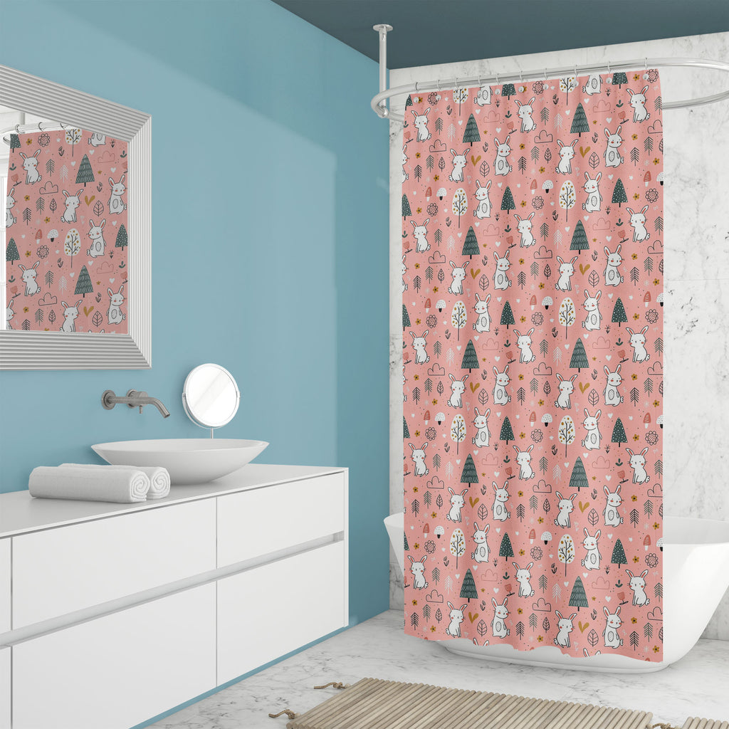 White Bunnies in Forest Washable Waterproof Shower Curtain-Shower Curtains-CUR_SH_EL-IC 5017077 IC 5017077, Animals, Animated Cartoons, Baby, Black and White, Botanical, Caricature, Cartoons, Children, Fashion, Floral, Flowers, Illustrations, Kids, Love, Nature, Patterns, Pets, Romance, Scenic, Signs, Signs and Symbols, Sketches, White, bunnies, in, forest, washable, waterproof, shower, curtain, cute, bunny, animal, pattern, rabbit, vector, seamless, sketch, wallpaper, background, cartoon, doodle, flower, n