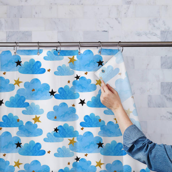 Watercolor Clouds and Stars Washable Waterproof Shower Curtain-Shower Curtains-CUR_SH_EL-IC 5017177 IC 5017177, Animated Cartoons, Baby, Black and White, Caricature, Cartoons, Children, Decorative, Digital, Digital Art, Graphic, Illustrations, Kids, Patterns, Signs, Signs and Symbols, Stars, Symbols, Watercolour, White, watercolor, clouds, and, washable, waterproof, polyester, shower, curtain, eyelets, pattern, sky, star, background, blue, cartoon, childish, cloud, cute, design, element, fabric, heaven, ill