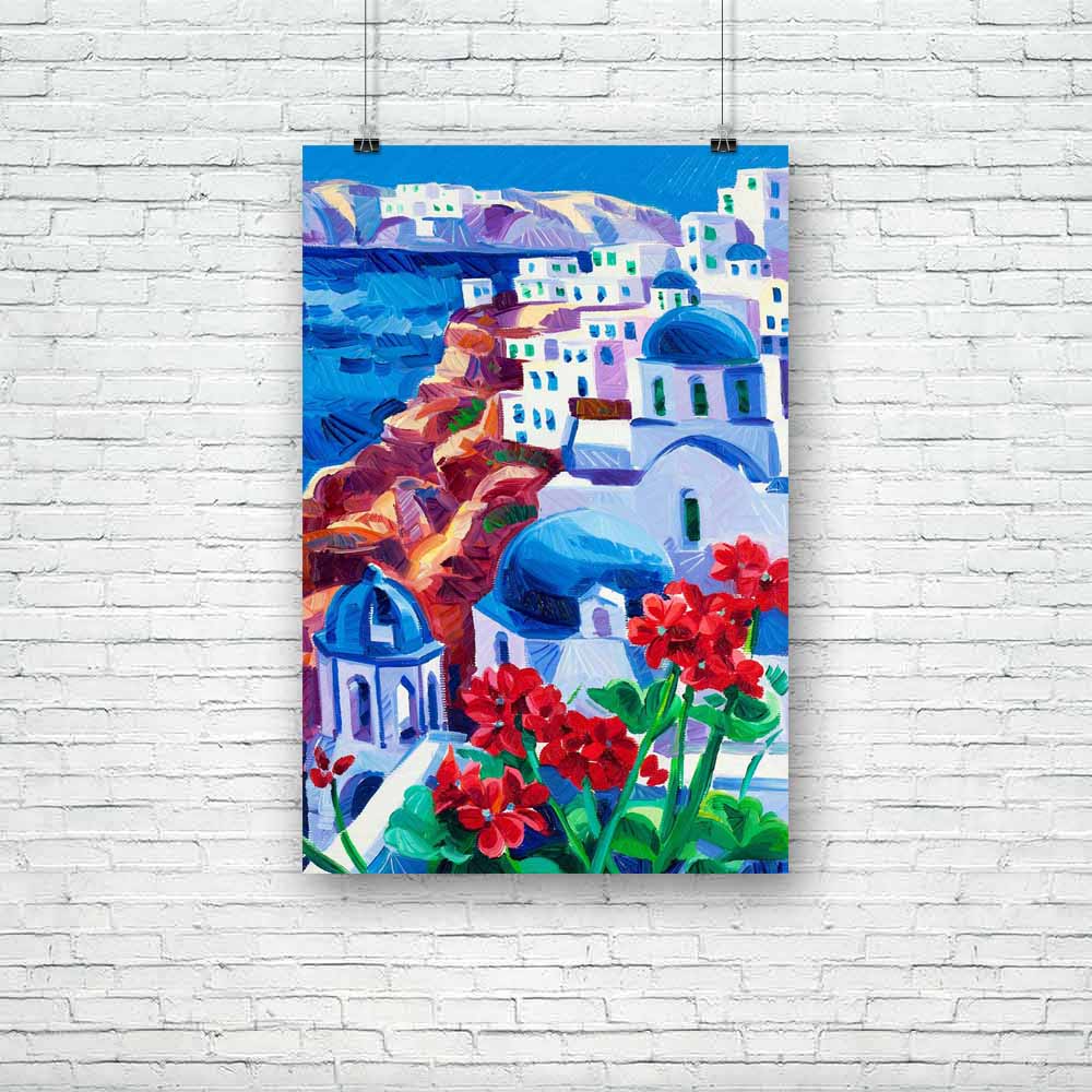 Blue Churches & White Houses At Santorini Island D1 Unframed Paper Poster-Paper Posters Unframed-POS_UN-IC 5001516 IC 5001516, Abstract Expressionism, Abstracts, Architecture, Art and Paintings, Black and White, Cities, City Views, Cross, Culture, Ethnic, Greek, Impressionism, Landmarks, Landscapes, Modern Art, Mountains, Paintings, Places, Religion, Religious, Scenic, Semi Abstract, Traditional, Tribal, White, World Culture, blue, churches, houses, at, santorini, island, d1, unframed, paper, poster, greece